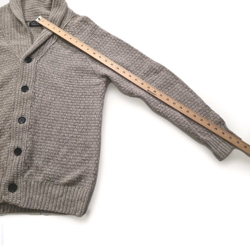 Zara Mens Cardigan L Beige Textured LS Shawl Collar Button Preppy Academia Boho - Picture 6 of 15